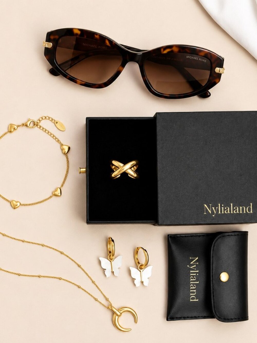 Trendy Gold Accessory Bundle Heart Bracelet, Criss-Cross Ring & Sunglasses